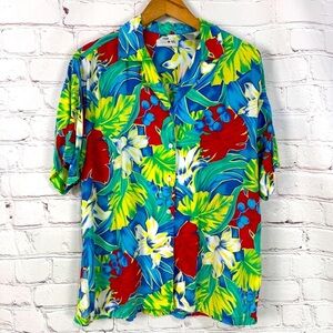 Vintage Hawaiian shirt Sky Blue Tropical Casual size medium Parrot Print
